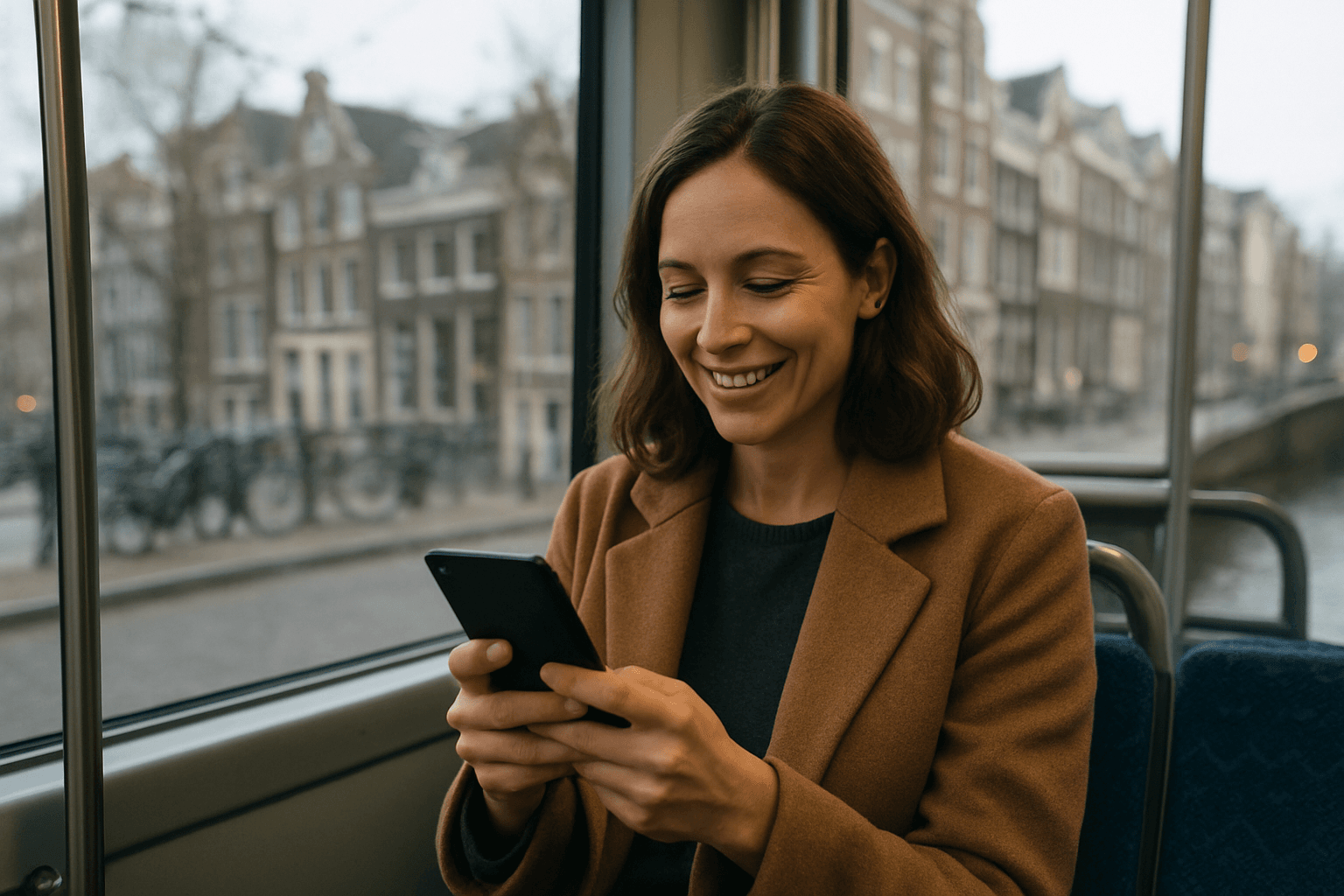 A woman smiling at her phone on a tram in the Netherlands